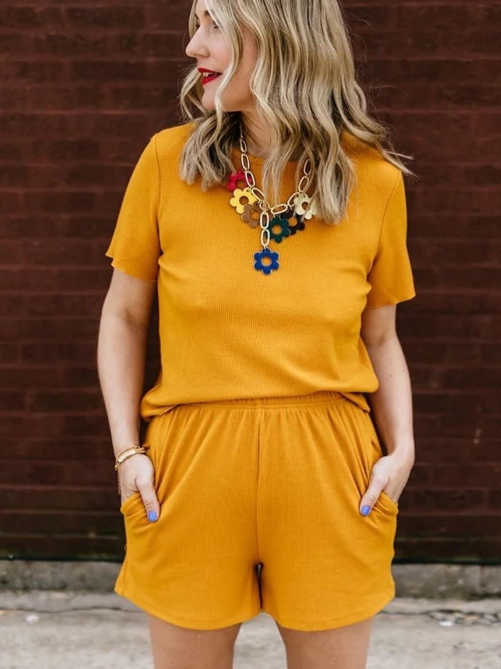 Vada Winter Ribbed Knit Top and Shorts Lounge Set In Vibrant Mustard - Size L